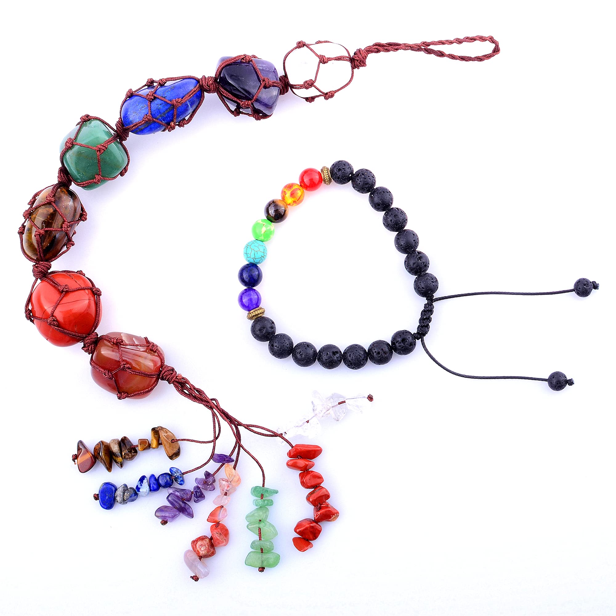Handmade Crystal Car Rearview Mirror Hanging Ornaments，7 Chakra Healing Bracelet with Real Stones, Home Indoor Decoration for Good Luck,Yoga Meditation, Protection Christmas Decorations Ornaments