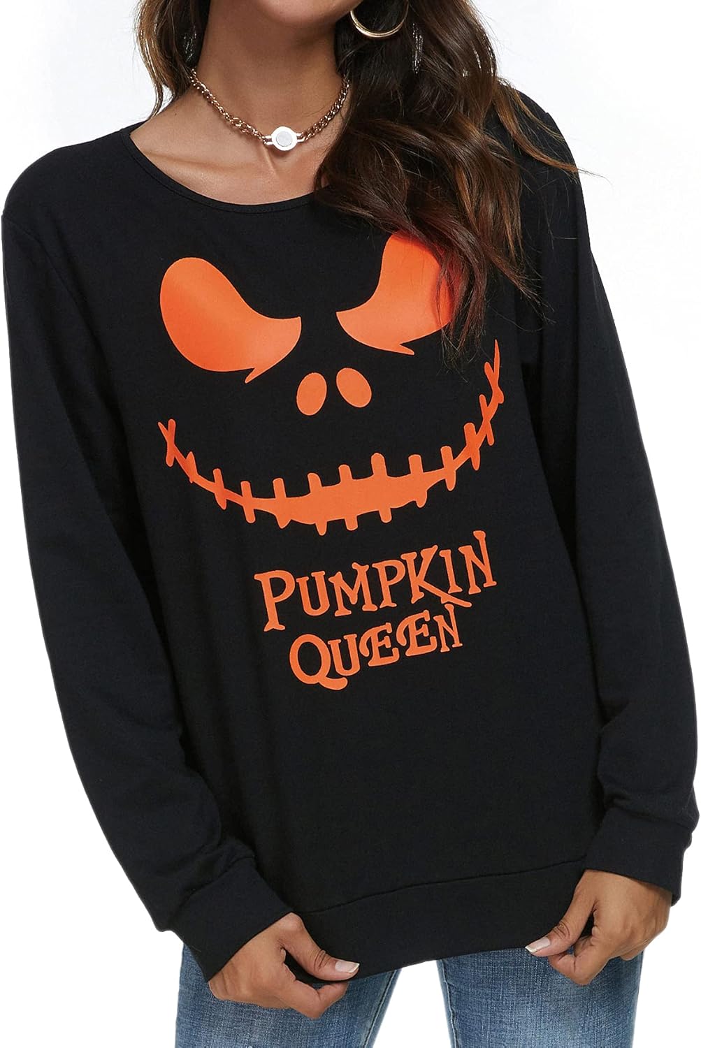 Women's Funny Halloween Pumpkin Face Sweatshirt Slouchy Witch Shirt Long Sleeve Pullover Tops for Thanksgiving Gift