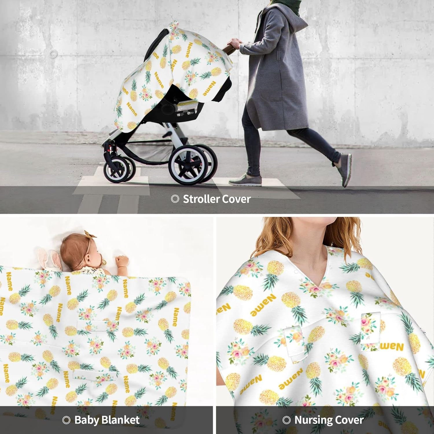 Personalized Baby Car Seat Canopy for Boys Girls, Custom Nursing Covers for Breastfeeding with Name, Opening Minky Baby Carseat Canopy for Newborn, Infant Car Seat Cover, Pineapple