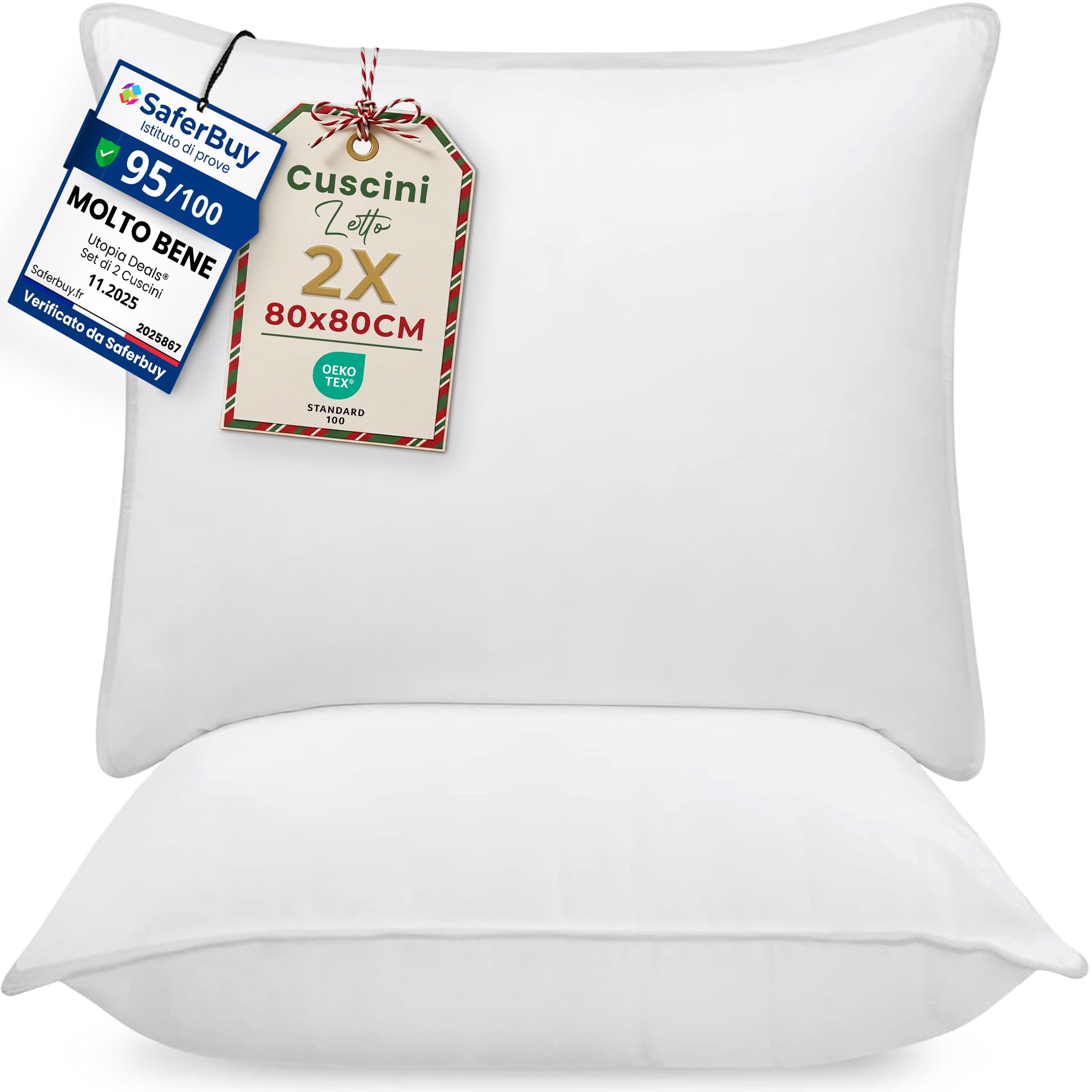 Utopia Bedding Cuscini Letto (Set di 2), 80 x 80 cm Guanciali Letto Coppia, 3D Fibra di Poliestere (Bianco)