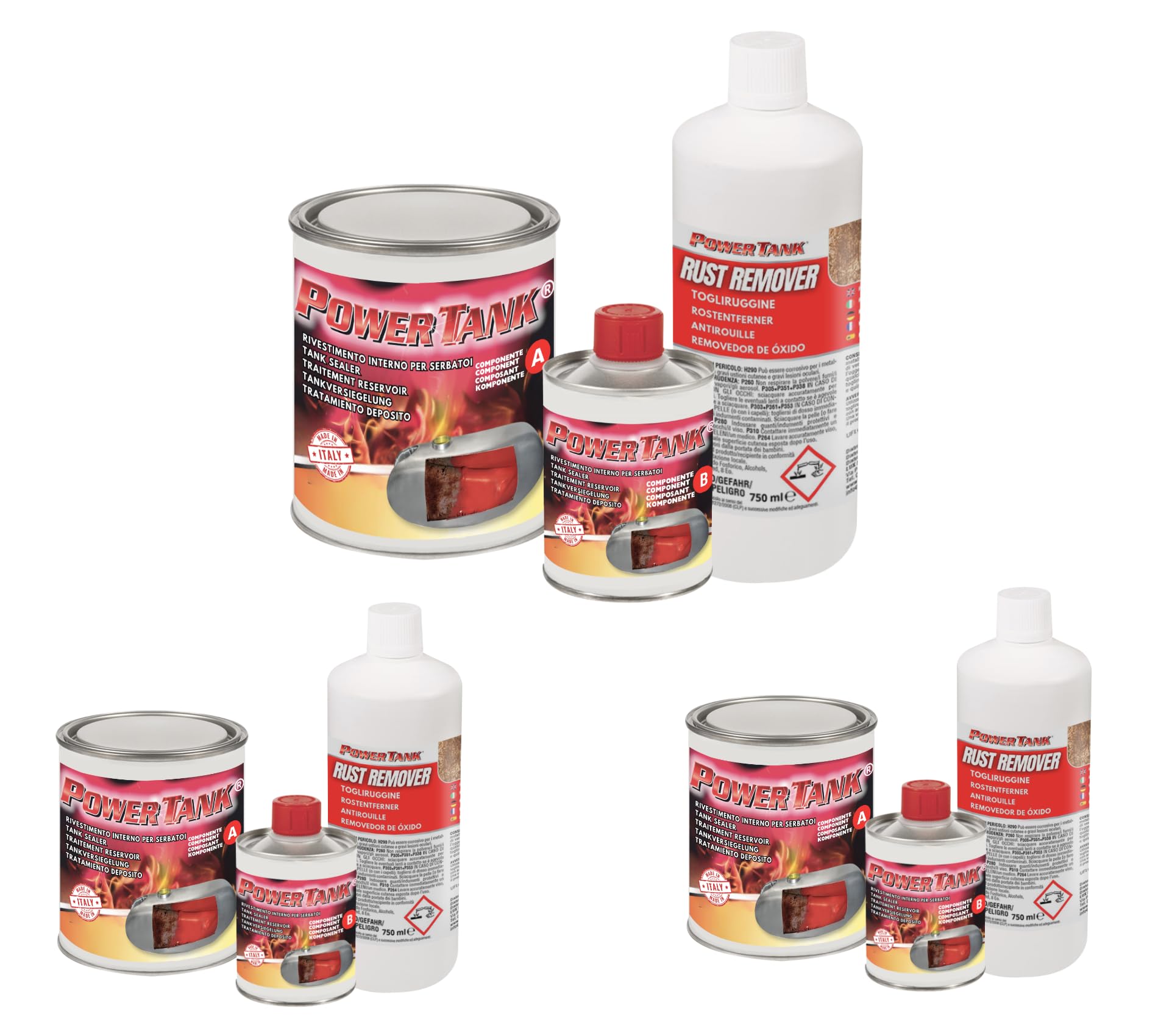 POWER TANK - Tratamiento Tanque Deposito Auto 3 x 50/55 LT Grande Rojo 1,3 kg para Interior Tanques Gasoil Gasolina Elimina Óxido Repara Protege Tanques Oxidados de Autos, Motos de Época