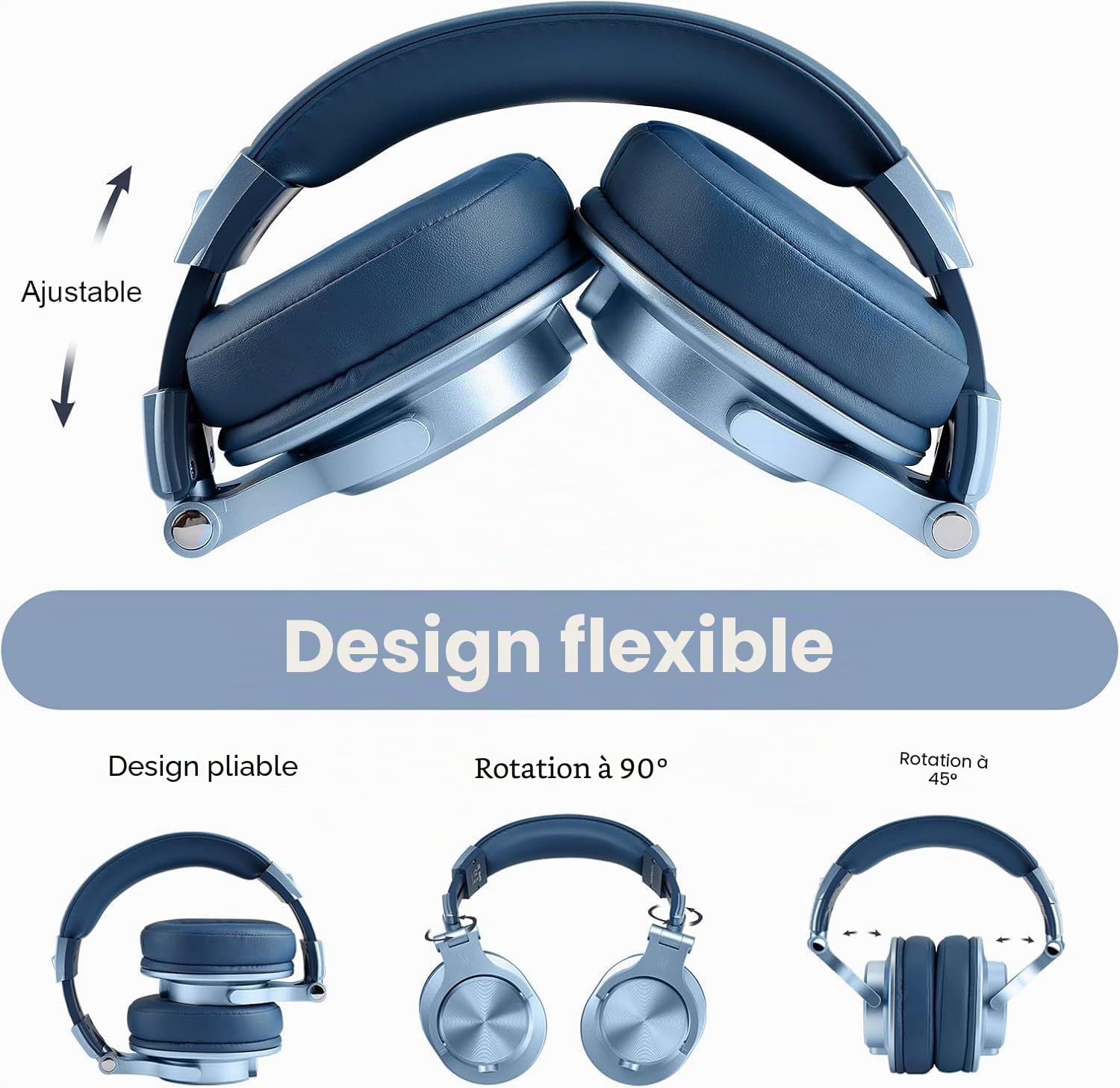 OneOdio A70 Casque Audio Bluetooth Sans Fil 72H, Casque Diadème Fermé avec Port Partagé, Écouteurs avec Câble de 3,5 mm pour DJ, Piano, Guitare, Enregistrement et Surveillance AMP, Bleu Ciel