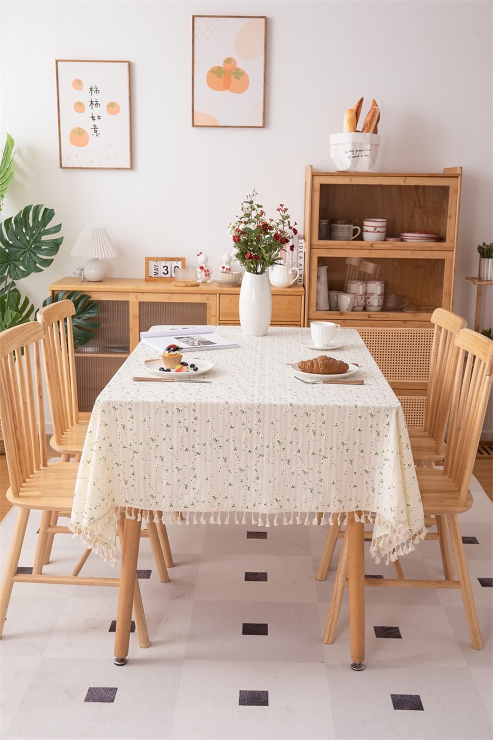 Tovaglia Cotone 140X180, Tovaglia Elegante Matrimonio Beige Verde Fiore Ricamato Copritavolo per Soggiorno Cucina