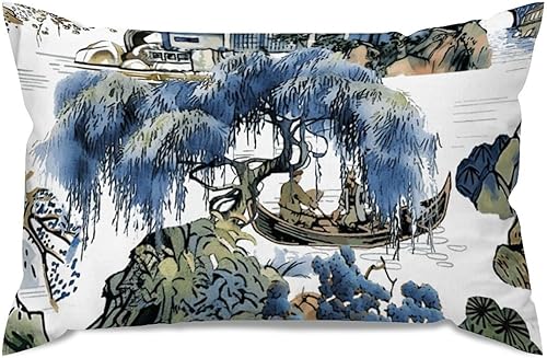 Vista 315 de ArogGeld Chinoiserie - Fundas de almohada escénicas asiáticas, estilo asiático, funda de almohada azul y verde Kelly, funda de cojín para decoración