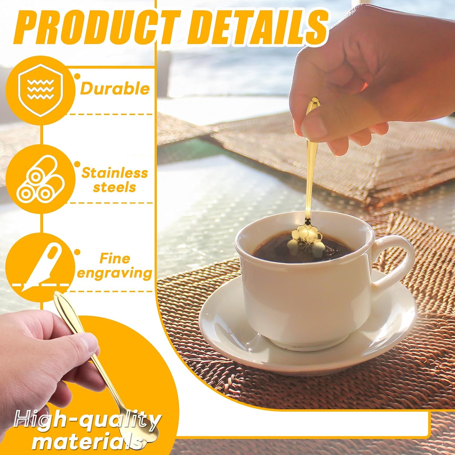 16 Pieces Stainless Steel Coffee Spoons, 4.9" & 6.8" Demitasse Espresso Dessert Spoons for Ice Cream Cakes Yogurts, Reusable Tea Stirring Teaspoons for Cafe Bar Office (Gold)