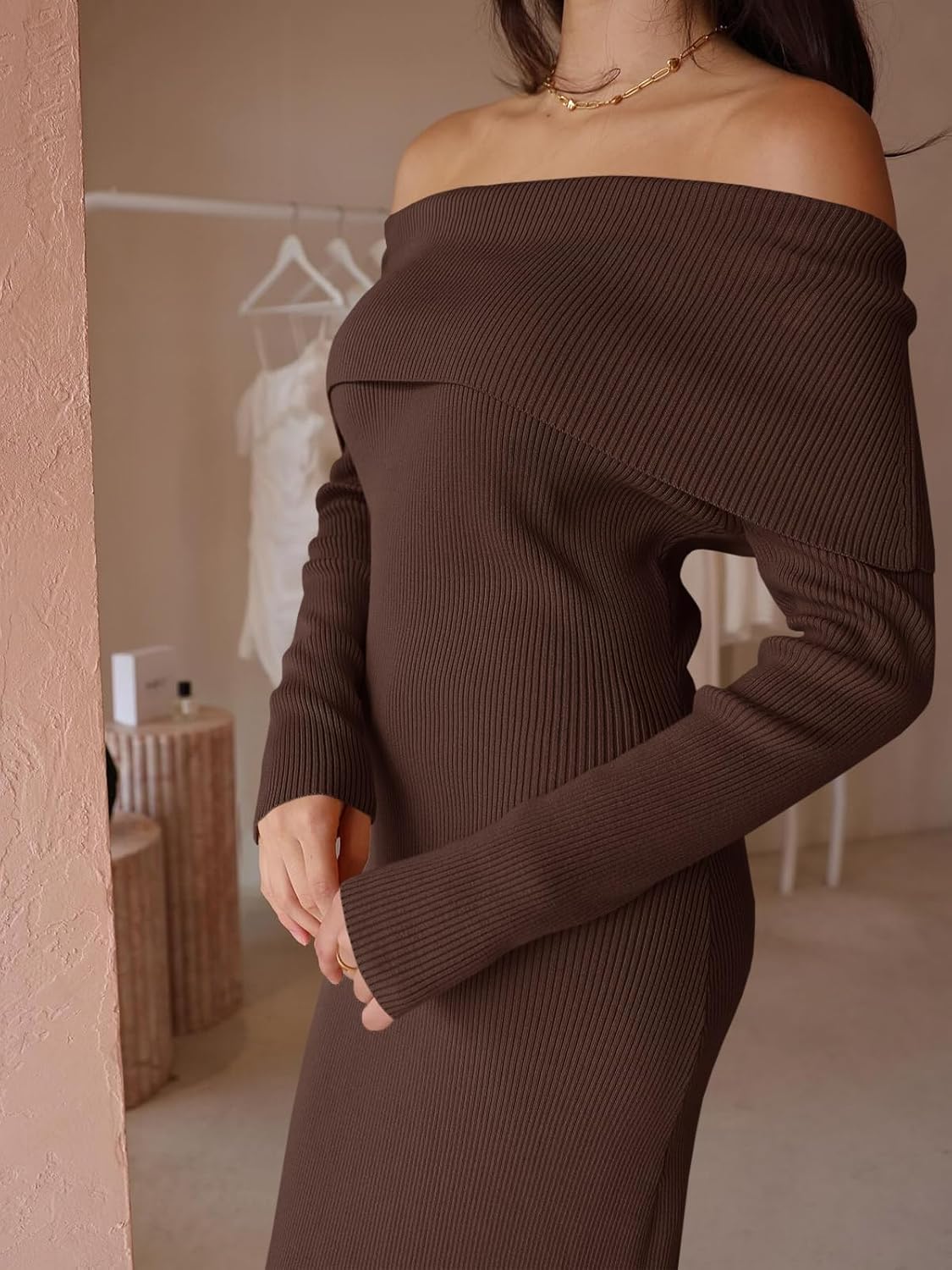 Wenrine Womens Off The Shoulder Bodycon Sweater Dress 2026 Elegant Long Sleeve Cocktail Party Midi Maxi Dresses - Image 6