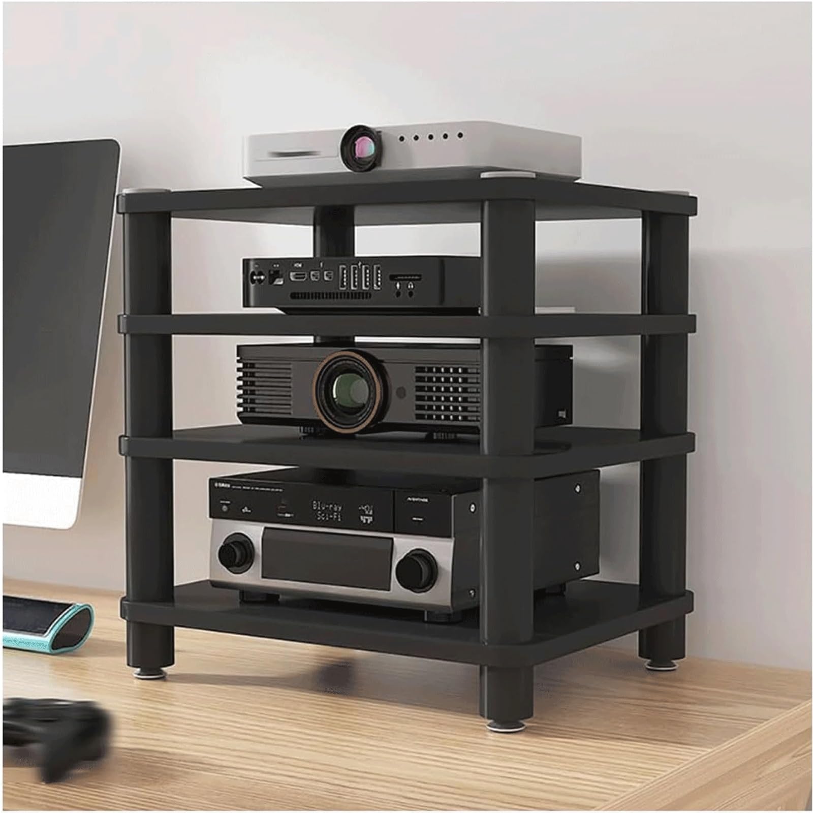 Solidny 2/3/4-poziomowy stojak audio na sprzęt stereo, drewniana szafka AV, otwarta konstrukcja, półka na audio-wideo, czarny (50 x 40 x 47 cm)