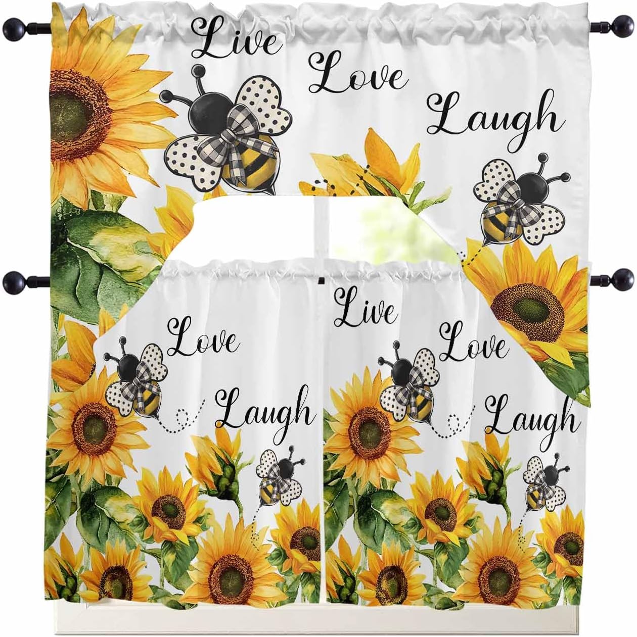 Sunflower Bee Swag Kitchen Curtains Valance and Tier Set 24 Inch Length, Vintage Yellow Floral Farmhouse Watercolor Rod Pocket Swag Curtains for Living Room Bedroom Bathroom Window Drapes 3 Piece