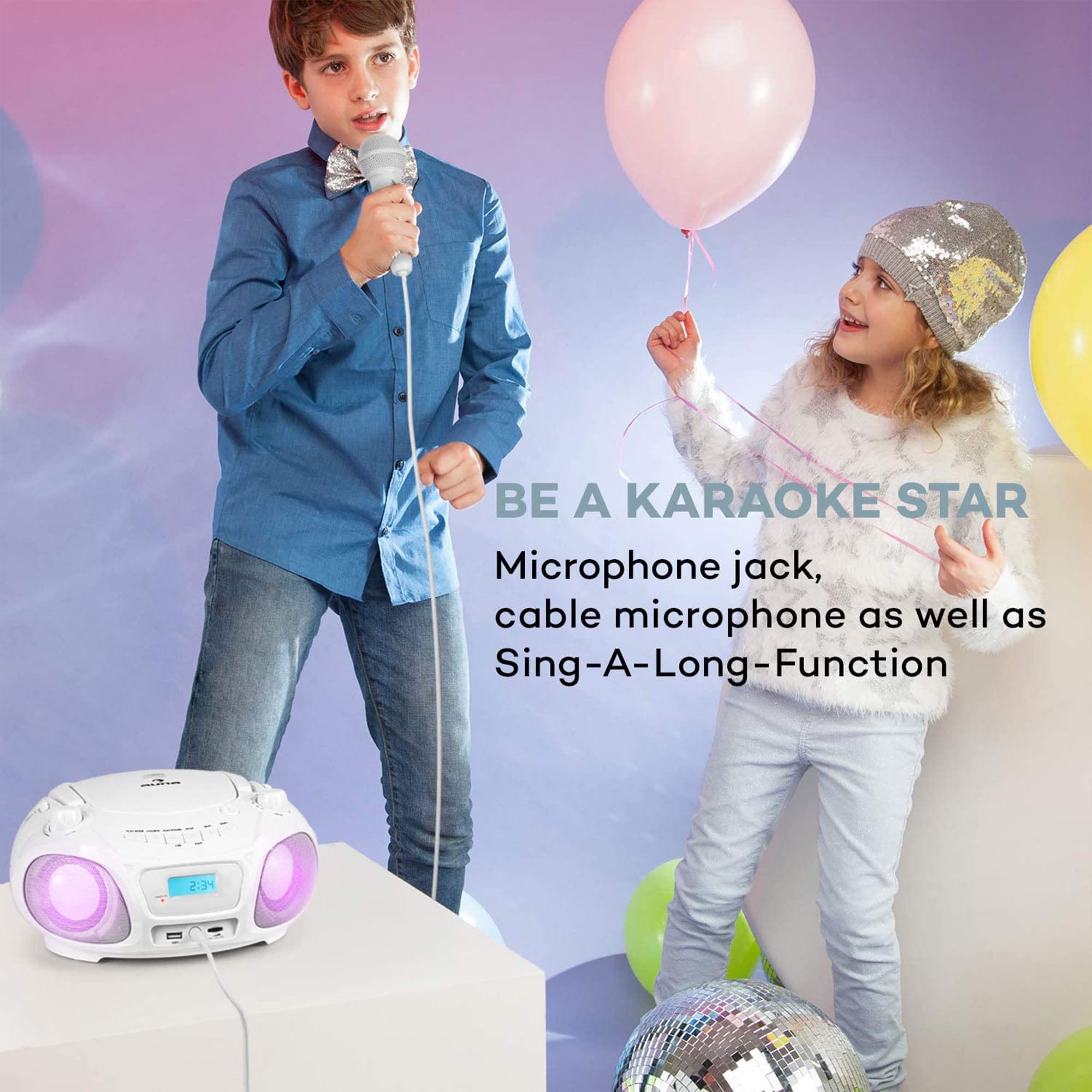 Auna Tragbarer Radio für Kinder mit CD Player, Mikrofon und USB, 3 W Boombox mit Bluetooth Funktion, AUX/FM Radio Tragbar mit LED-Display, MP3, 5.0 Streaming, CD-Radio mit für Mädchen und Jungen