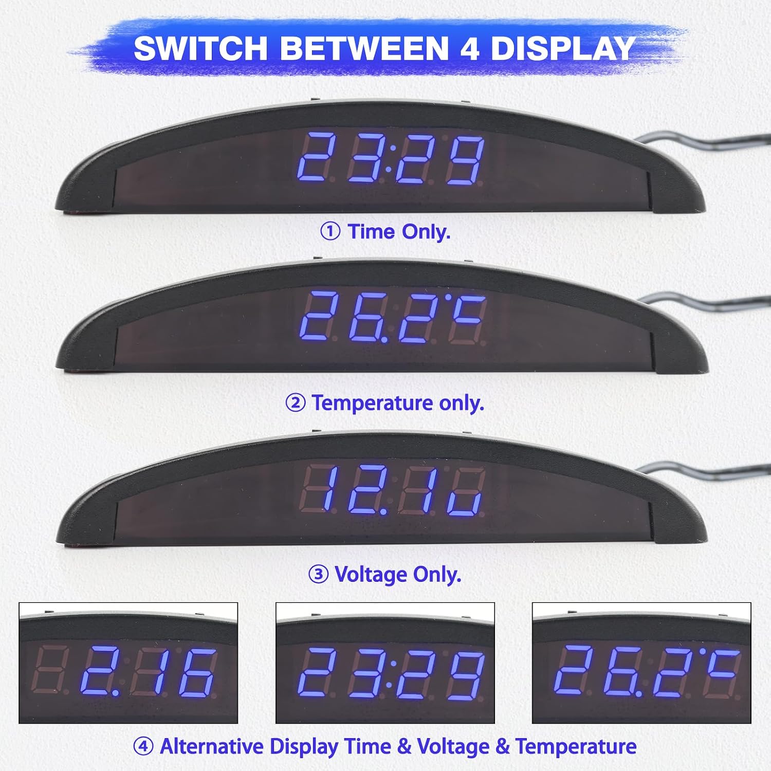 Riloer 3-in-1 Car Digital Dashboard Clock, LED Temperature Gauge and Voltmeter Monitor, Heat Resistant Interior Thermometer with Time Memory, 12V Universal Compatible with Ford, Toyota, Honda (Blue)