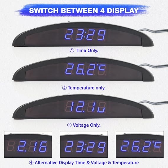 Riloer 3-in-1 Car Digital Dashboard Clock, LED Temperature Gauge and Voltmeter Monitor, Heat Resistant Interior Thermometer with Time Memory, 12V Universal Compatible with Ford, Toyota, Honda (Blue)