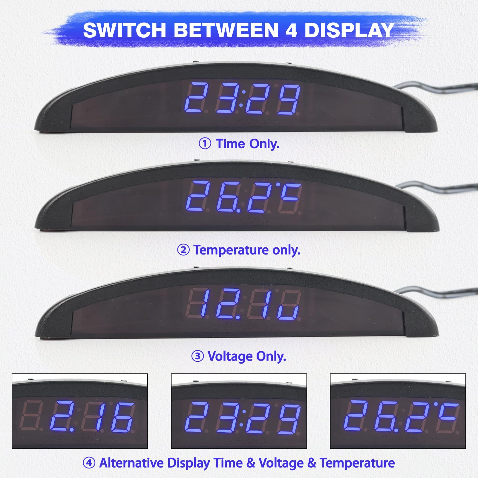 Riloer Orologio temperatura auto, Universal Auto Cruscotto Orologio Digitale Termometro Tensione con Display LCD per Interni Auto, Blu