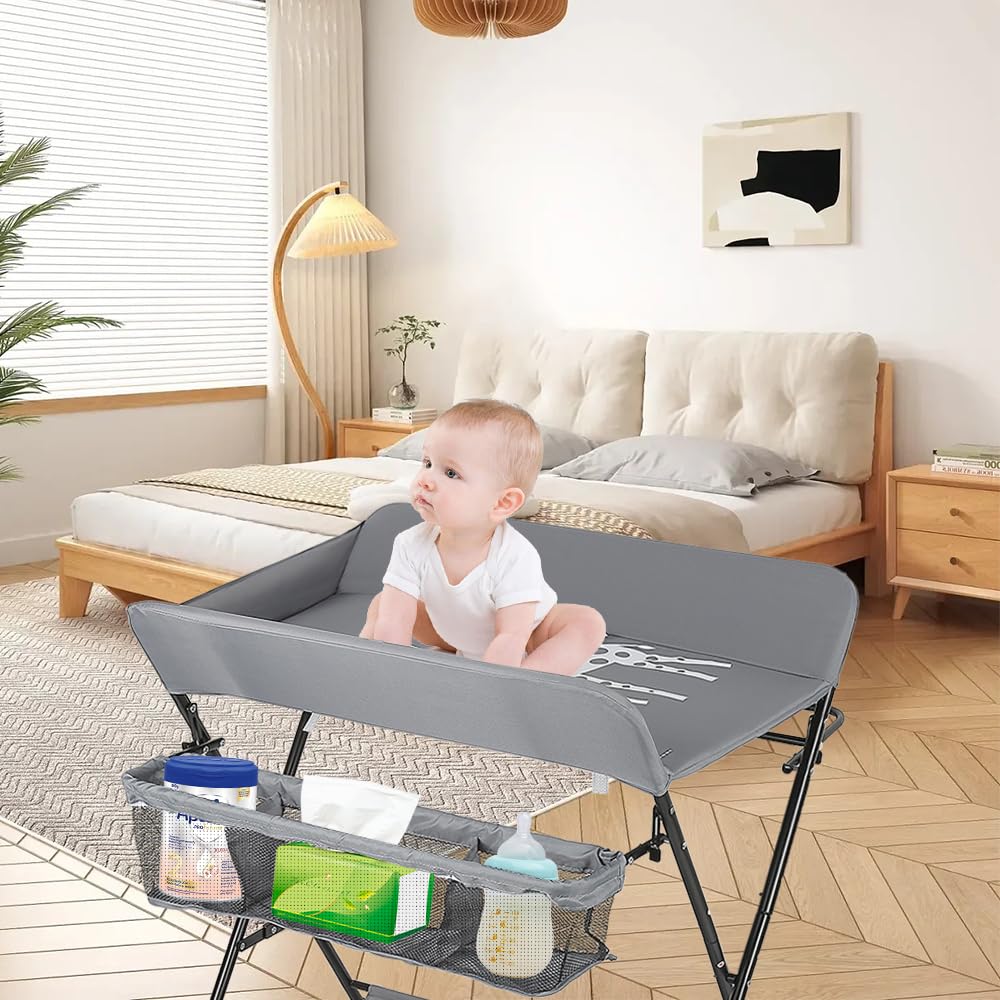OHMG Table à langer pliante,Pliable et compacte Table à Langer Bébé,Table à langer avec panier de rangement,ceinture de sécurité et 4 roues avec frein,Réglable en hauteur