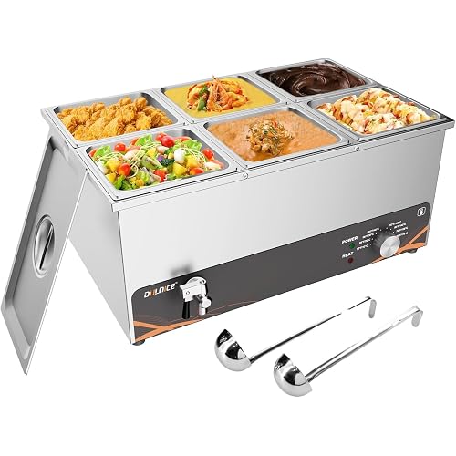 Commercial Food Warmer, 6 Pan 25QT Bain Marie Stainless Steel Electric Food Warmers, 1500W Buffet Warmer Soup Warmer with Temperature Control, Tap, Soup Spoon, for Catering Parties Restaurants