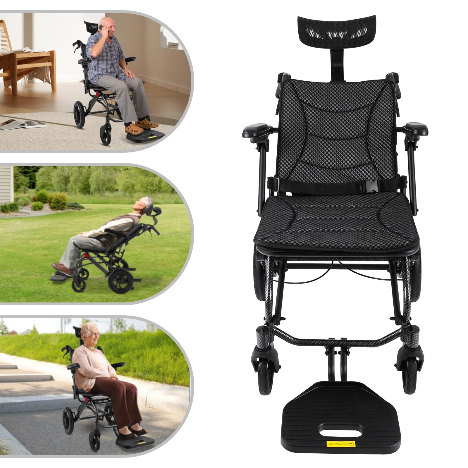 Silla de ruedas reclinable con reposacabezas, Silla de ruedas plegable para personas mayores y discapacitadas, Silla de ruedas plegable de viaje Sillas de ruedas portátiles Silla de ruedas de
