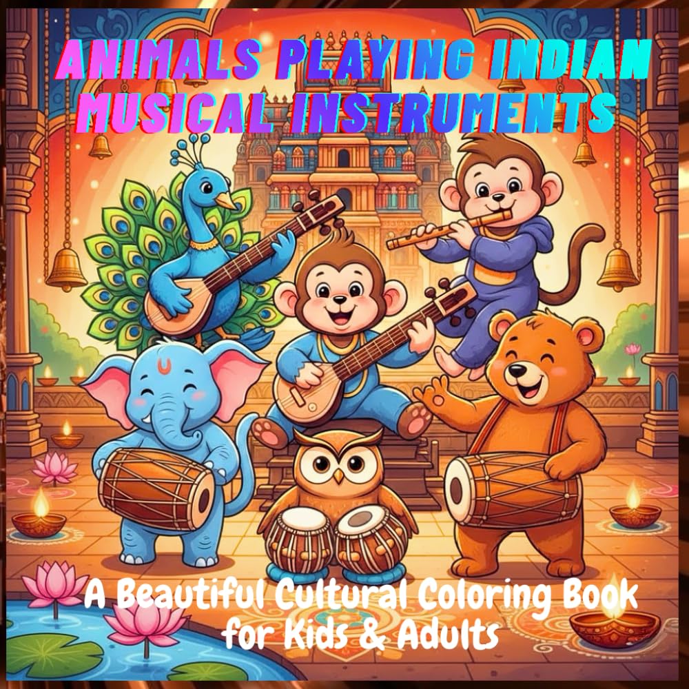 Animals Playing Indian Musical Instruments: A Beautiful Cultural Coloring Book for Kids & Adults