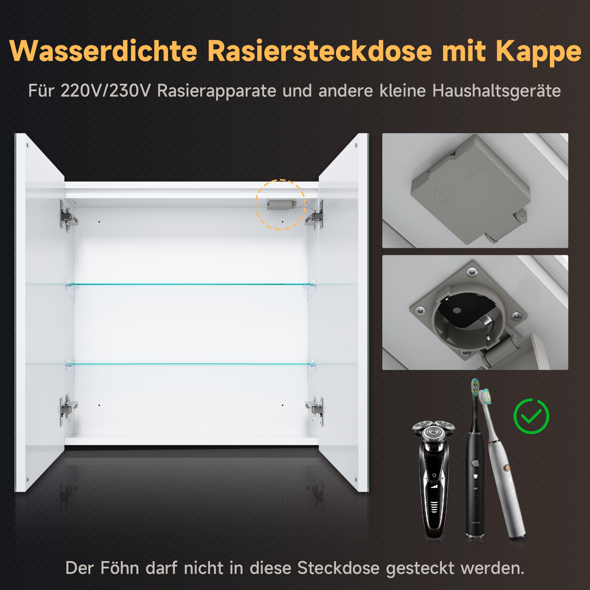 SONNI Szafka łazienkowa z lustrem LED, 60 x 59 cm, metalowa szafka z lustrem z dotykowym włącznikiem, 3 kolory światła + defogging, bezprzewodowy zawias, biała, łazienka, szafka medyczna