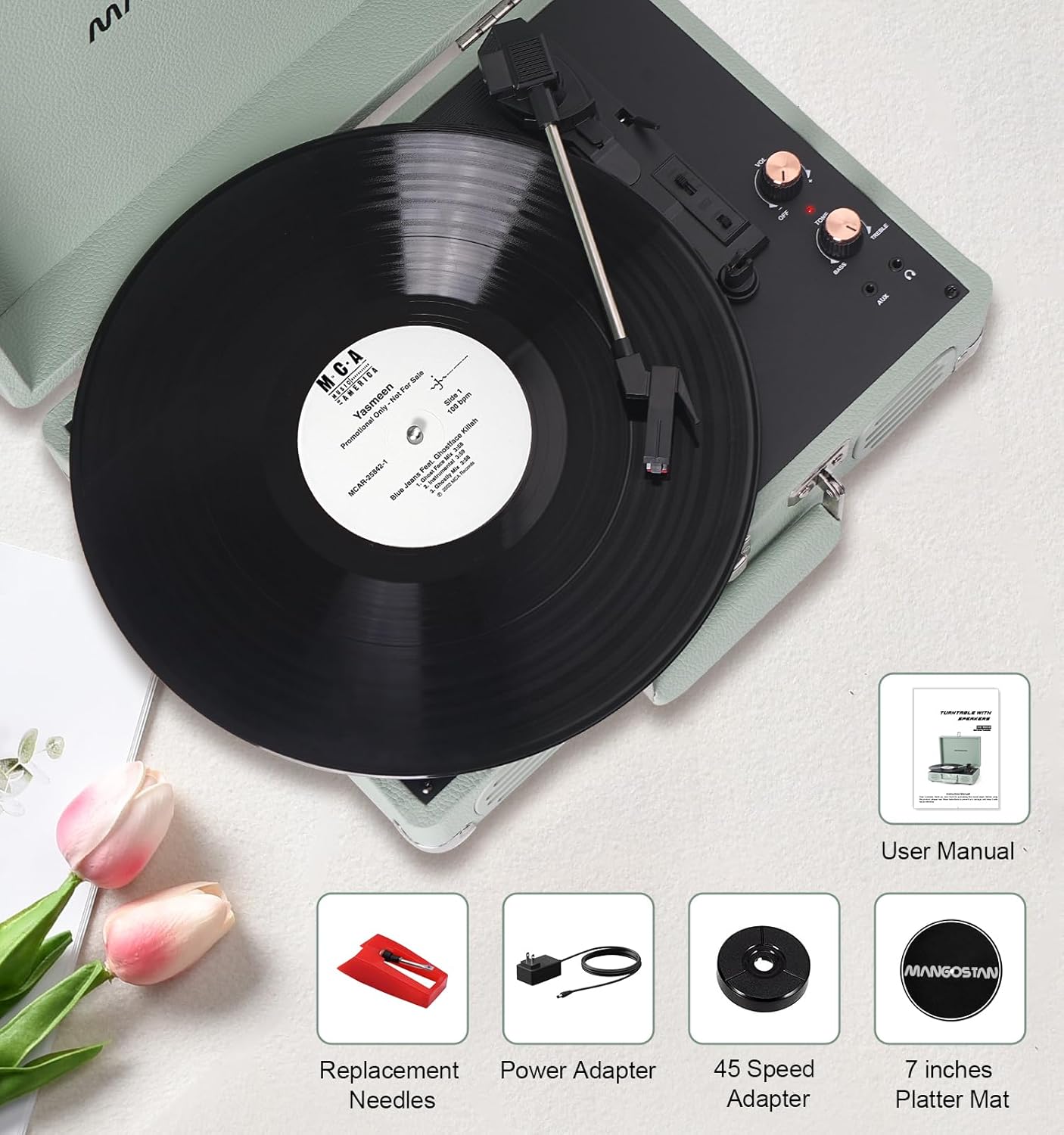 Record Player 3 Speed Bluetooth Portable Suitcase, Vinyl Phonograph with Built-in Bass & Speakers, Belt-Driven LP Player Support AUX-in RCA Line Out Headphone Jack, Green