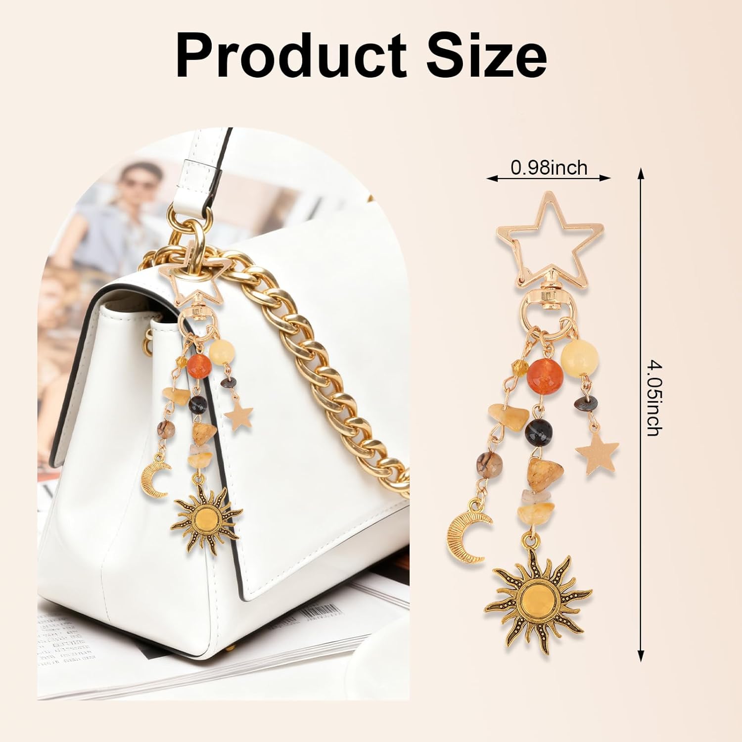 Y2K Boho Sun Moon Star Keychain - Gold Star Clasp Stone Beaded Bag Charm for Backpack Purse - Image 2