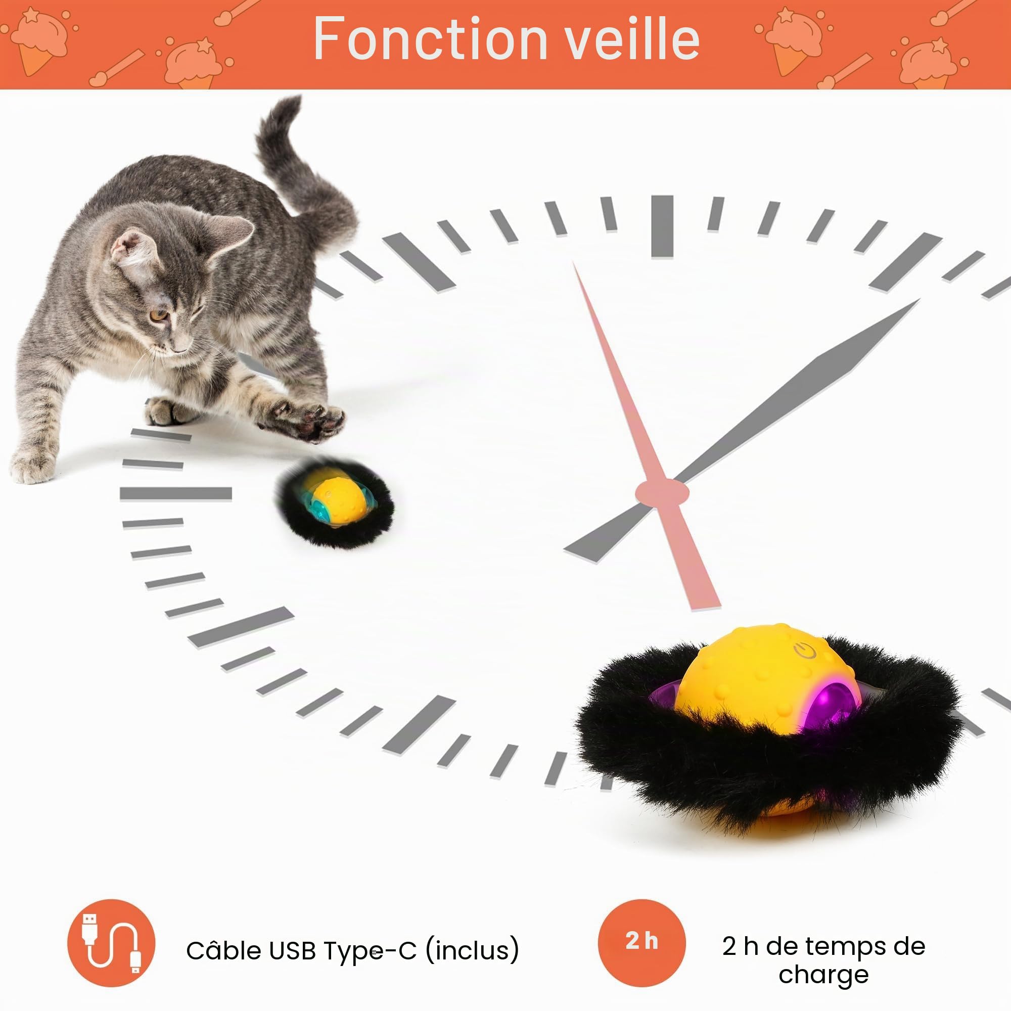 Iokheira Jouet Chat Interactif, Jouet Chat Interieur, Automatique Balle - Rechargeable et Silencieuse, Jeux pour Chat Interieur, Jeu de Chasse pour Chat, Jouet de Noël (Jaune)