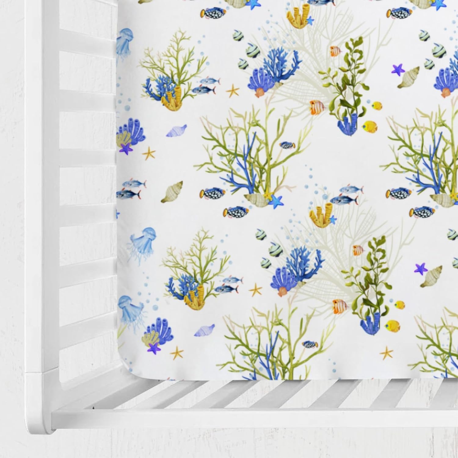 Colorful Undersea Fishes Jellyfish Sea Weeds Baby Crib Sheet 52''x28'' Nautical Life Fitted Crib Mattress Cover for Boy Girl Nursery Toddler Bed Sheets for Standard Crib and Toddler Mattresses