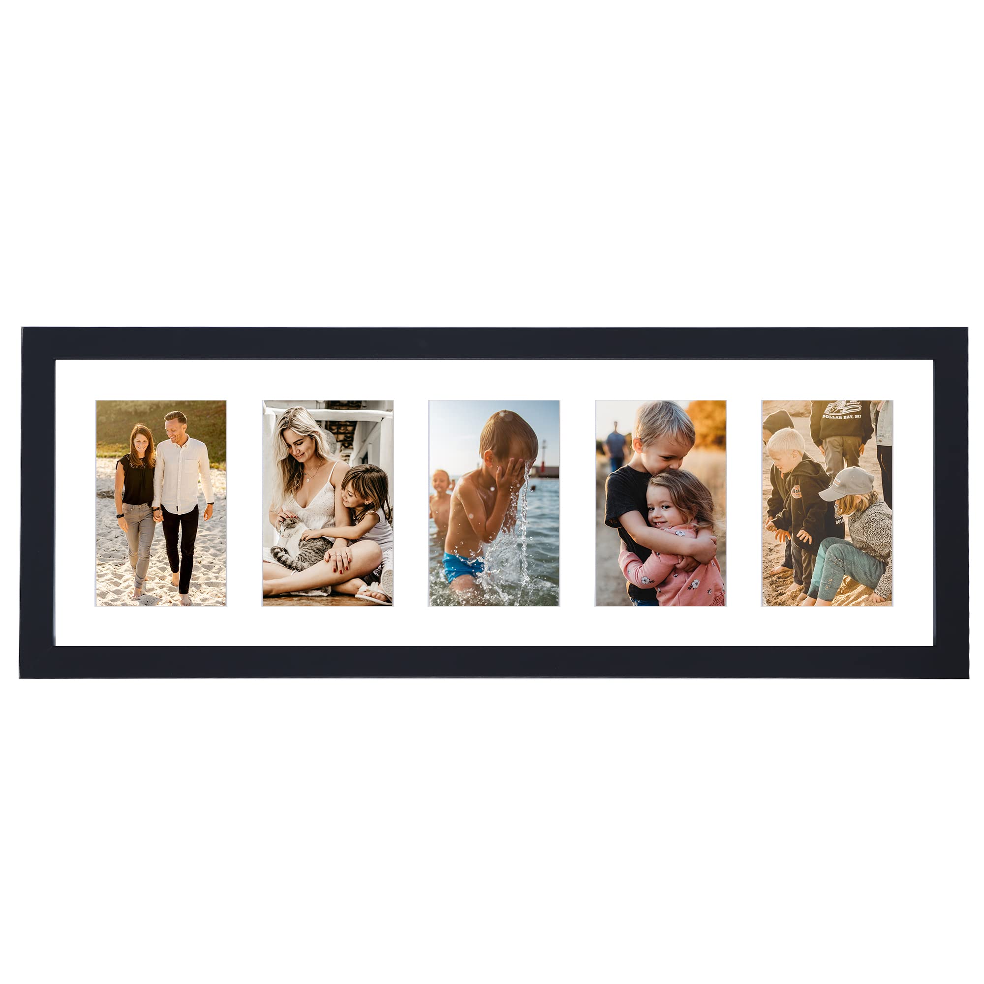 8x24 Black Collage Picture Frame with 5 Openings, Display Multiple Five 4x6 Pictures or 8x24 without Mat, Wood In Black 4x6 Poster Gallery Collage Frame, Horizontal and Vertical Formats for Wall