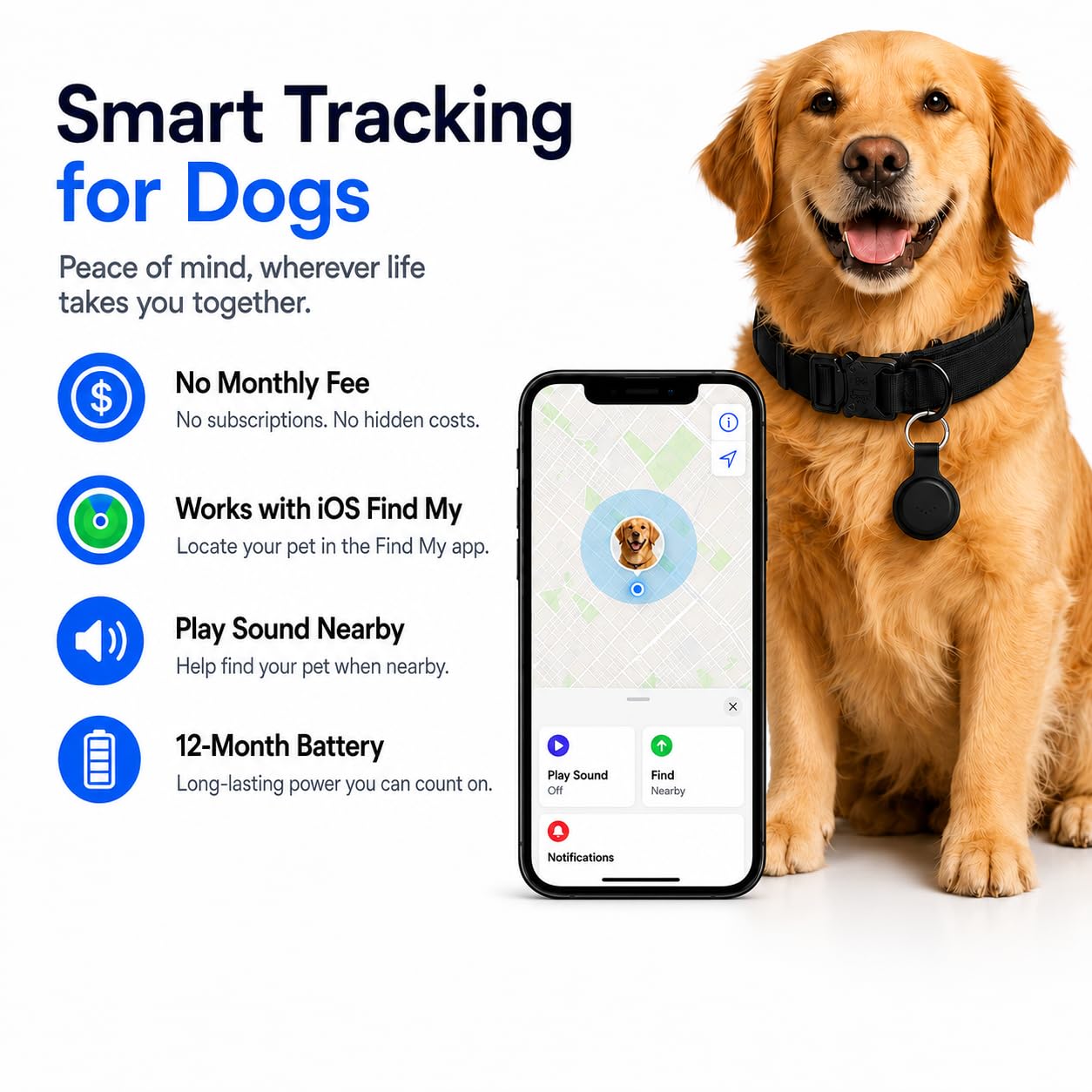 Haustier-GPS-Tracker für Hunde, kompatibel mit Apple Find My (nur iOS), keine monatliche Gebühr, IP67 wasserdicht, Anti-Verlust-Locator, 12-Monats-Akku, inklusive Silikon-Halsbandhalter und taktischem