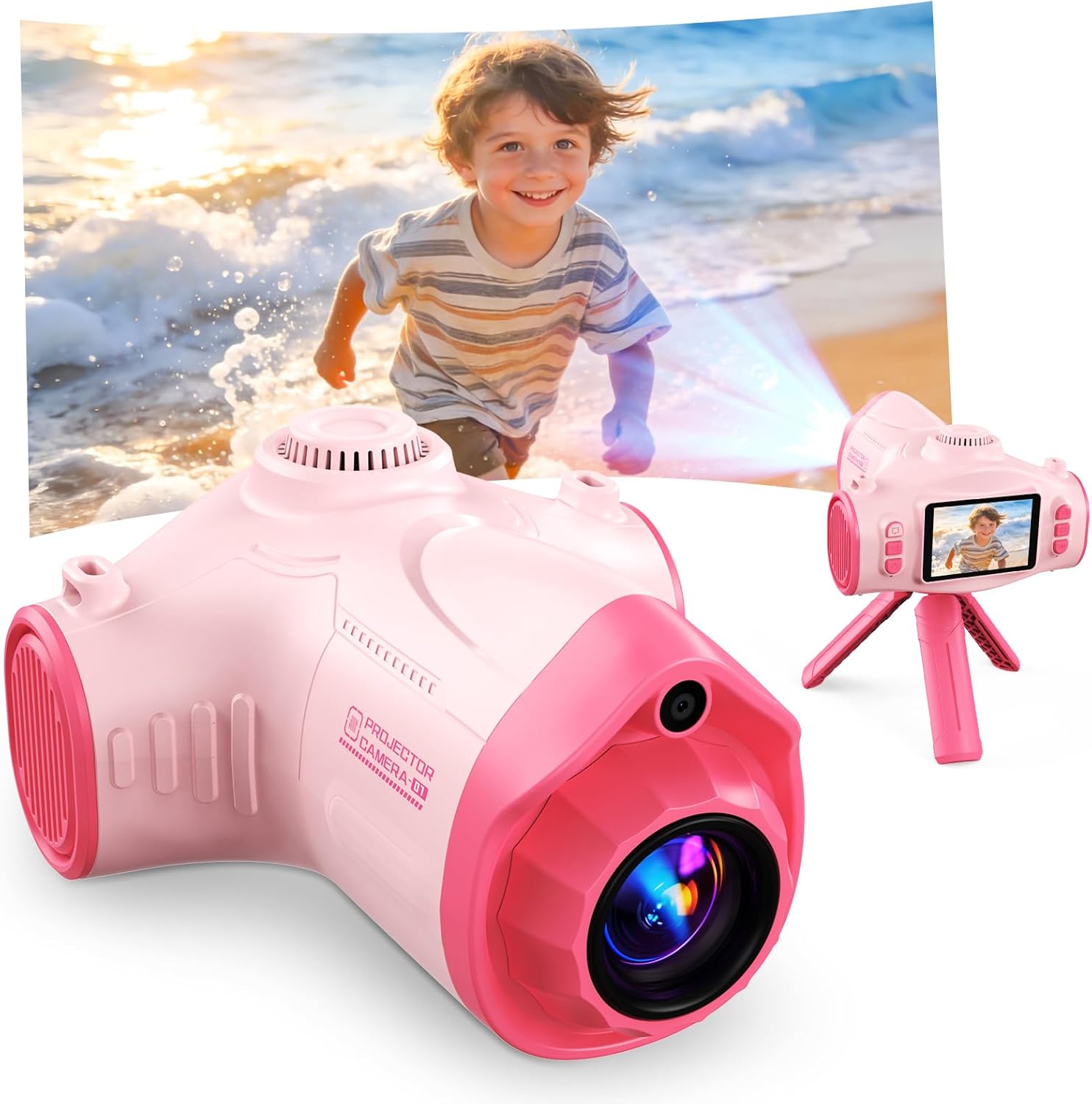 Kids Camera with Projector, 1080P HD Digital Camera for Kids Ages 3-12, 48MP Photo Video Recorder with Stand 32GB SD Card Included, Christmas Birthday Gifts Toy for Girls Boys (Pink)