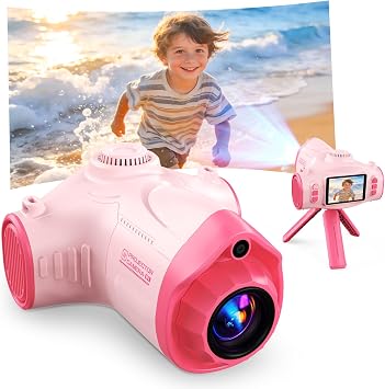 Kids Camera with Projector, 1080P HD Digital Camera for Kids Ages 3-12, 48MP Photo Video Recorder with Stand 32GB SD Card Included, Christmas Birthday Gifts Toy for Girls Boys Pink