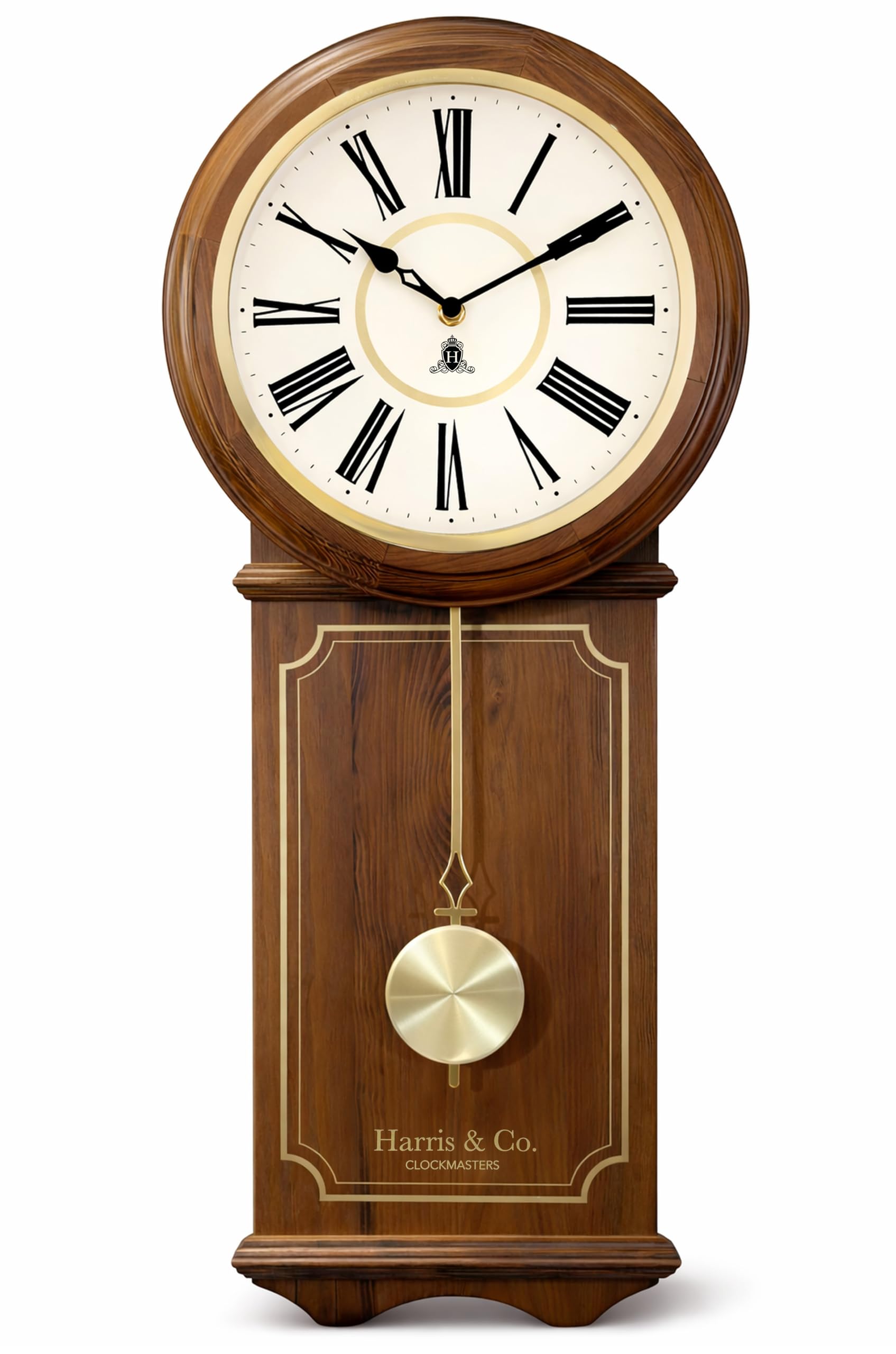 HARRIS & CO. CLOCKMASTERS Wooden Pendulum Wall Clock Luxe Edition 26.5 x 11.5 Inch | Silent Sweep Noiseless Movement | White Metal Roman Dial | Gold Accents & HD Clear Glass | Model-Hyde Park-image-7