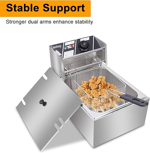 Miniatura 6 de Freidora eléctrica comercial, freidora eléctrica de encimera de 2500 W con canasta, freidora de aceite individual de acero inoxidable de 6.3 cuartos