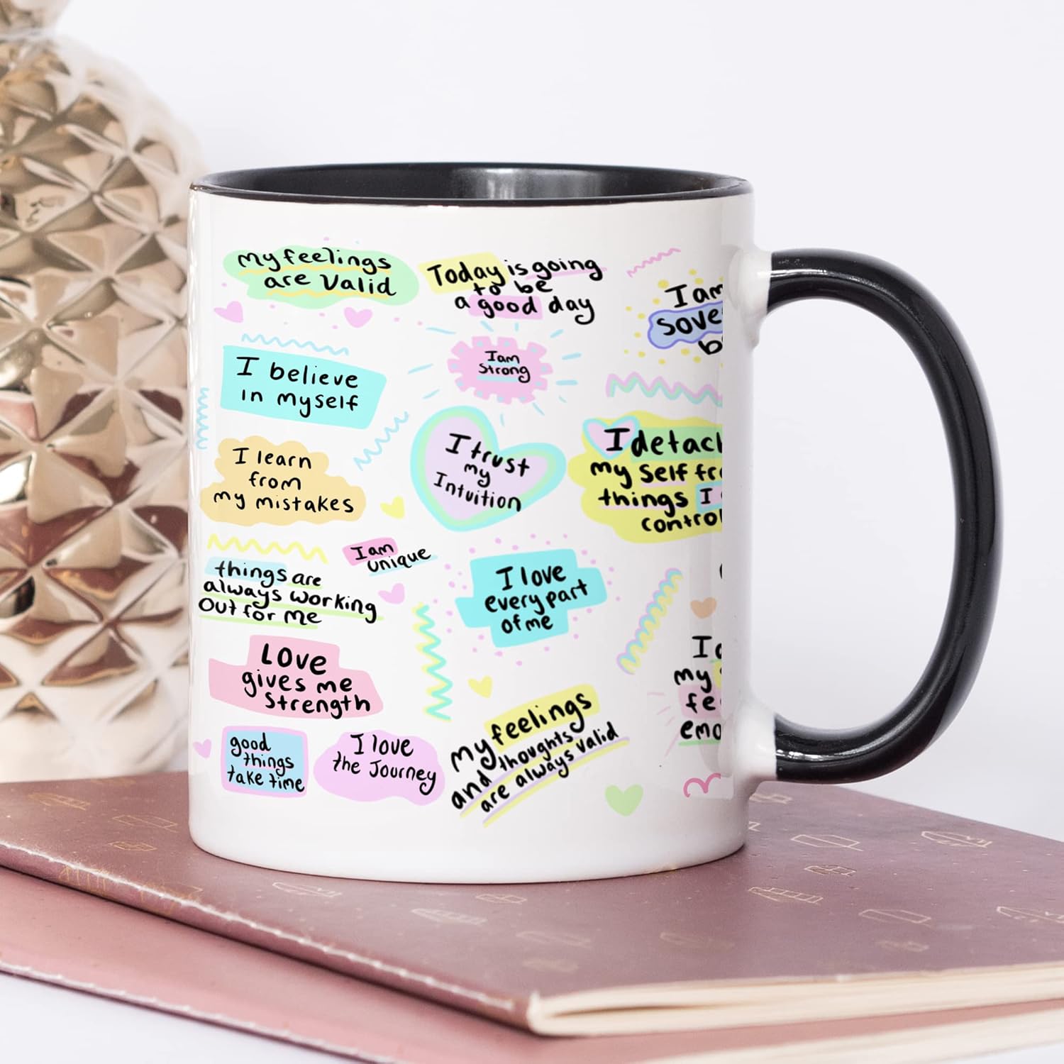 YouNique Designs Self Care Mug With Positive Affirmations For Women- Portable Coffee Mug 11 Oz, Anxiety Relief Items For Women, Mental Health Gifts, Inspirational Gifts, Mindfulness (Black Handle) - Image 5