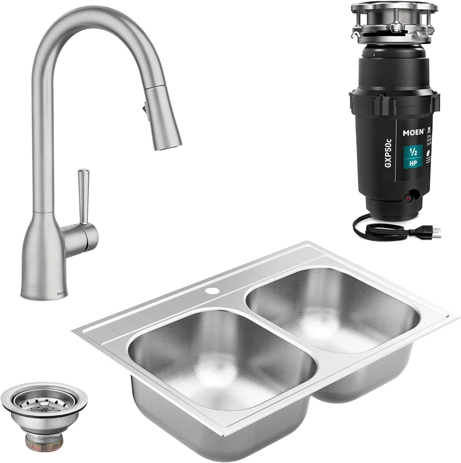 Moen 22036 3-1/2 Inch Kitchen Sink Stainless Steel Basket Strainer with Drain Assembly, Stainless - Bathroom Sink And Tub Drain Strainers - 