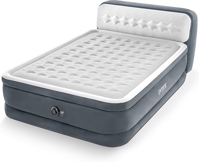 Intex 64447ED Dura-Beam Deluxe Ultra Plush Air Mattress with Headboard: Fiber-Tech – Queen Size – Built-in Electric Pump – 18in Bed Height – 600lb Weight Capacity