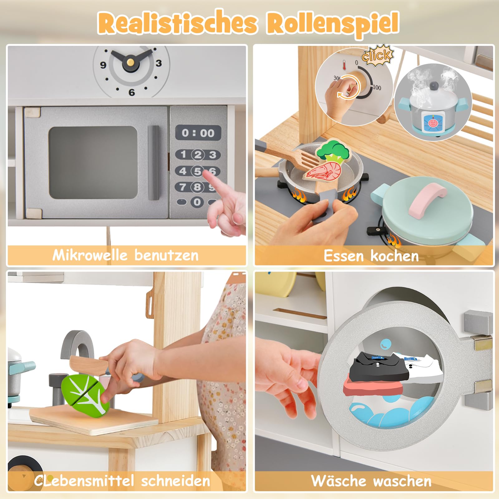 DREAMADE Kinderküche mit 17 TLG. Zubehör, Miniküche Kinderspielküche mit Spülbecken Wasserhahn Herd Mikrowelle, Spielküche Holz für Jungen und Mädchen ab 3 Jahren