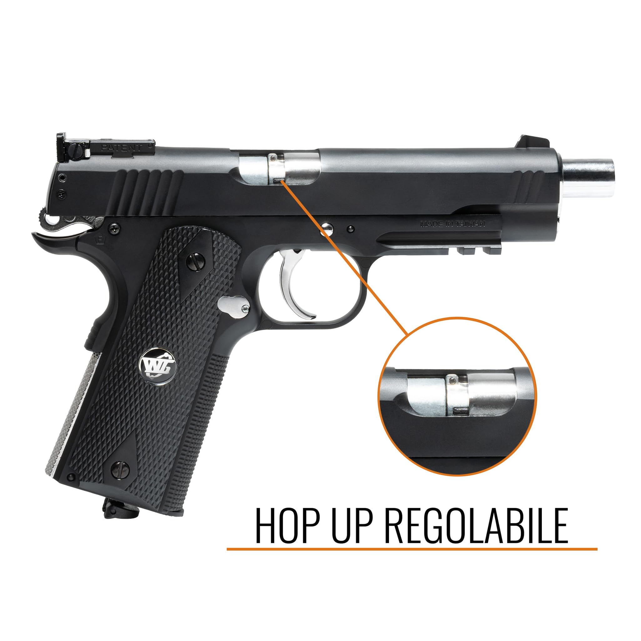 Pistola Softair WG Combat 1911 CO2 Full Metal, Pistola a Pallini Scarrellante con 10 Bombolette CO2, 1000 Pallini 6mm, Pistole Softair, Airsoft, colore nero