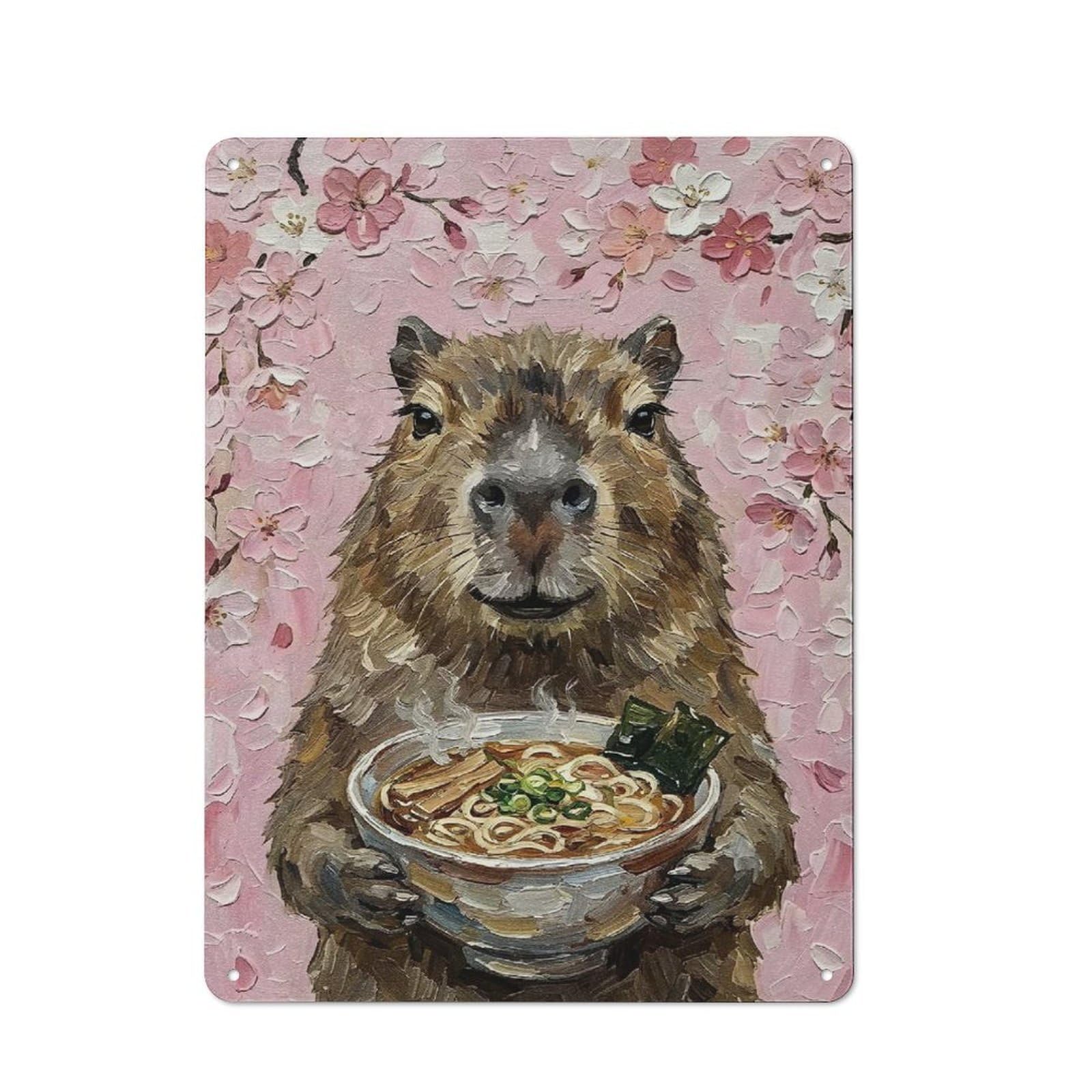 Rustic Capybara with Ramen And Cherry Blossoms Tin Wall Plaque 40x30cm, Rustic Kitchen Decor for Cottage, Kitchen, Hallway Or Breakfast Nook