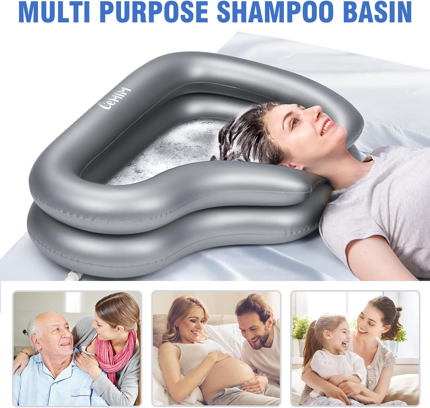 Portable Inflatable Shampoo Basin for Bedridden Elderly, Hair Washing Bowl with Drain Hose & Neck Support, PVC Inflatable Shampoo Bowl for Bedridden Patients, Disabled, Seniors, Kids, Home Care