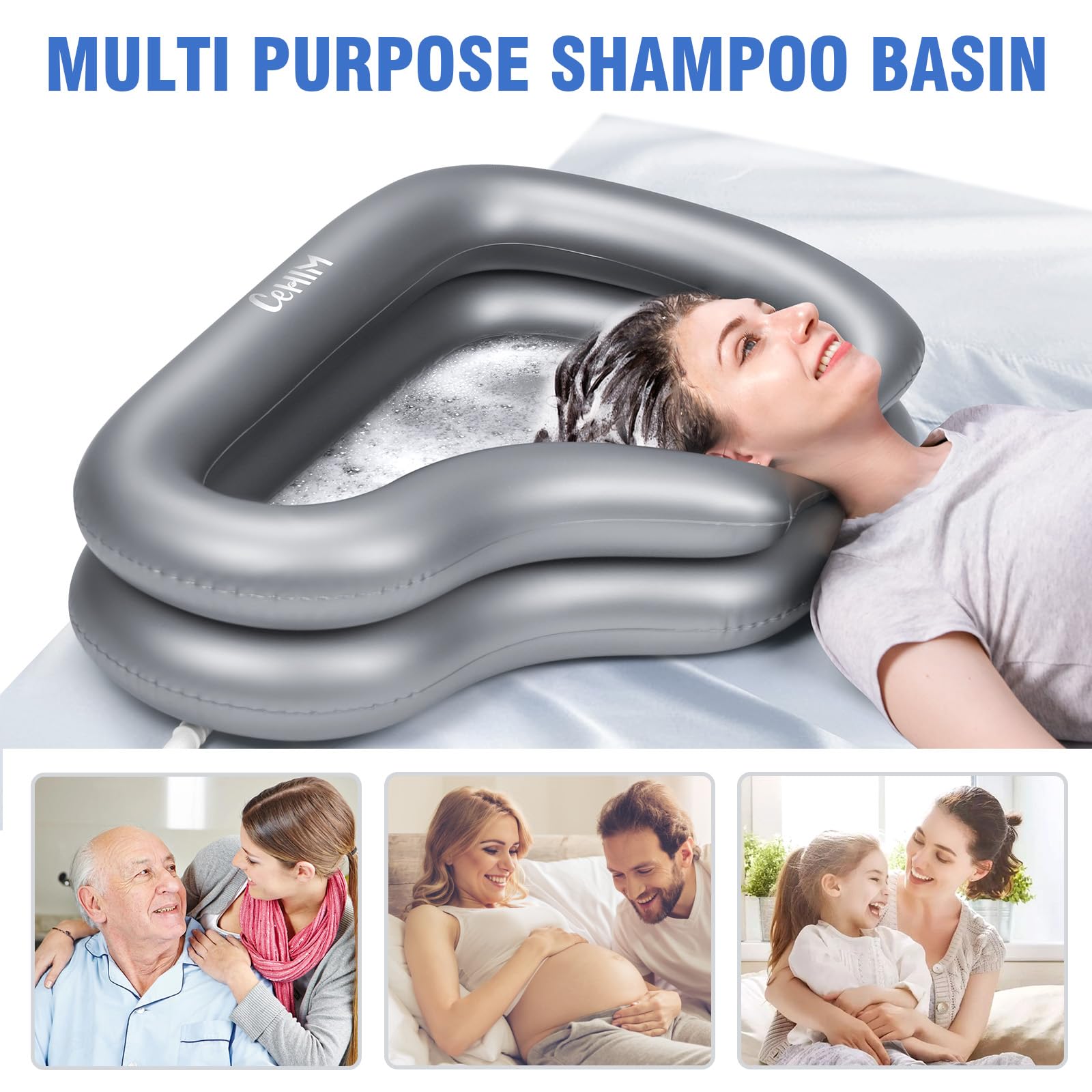 Bacino gonfiabile portatile per shampoo, ciotola per lavare i capelli, per disabili, per uso domestico (argento)