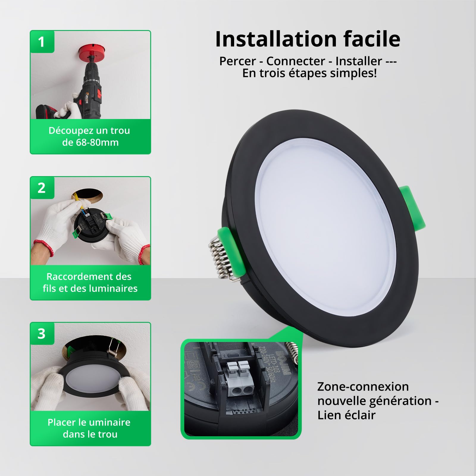 Bojim Spot LED Encastrable Noir IP65, 230V, Trou 68mm-80mm, Extra Plat, 2700K Blanc Chaud 5W, Spot Encastré pour Cuisine, Salle de Bain, Chambre, Salon, Lot de 10