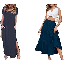 HUSKARY Women's Summer Maxi Dress Casual Loose Pockets Long Dress Short Sleeve Split Dark Blue
