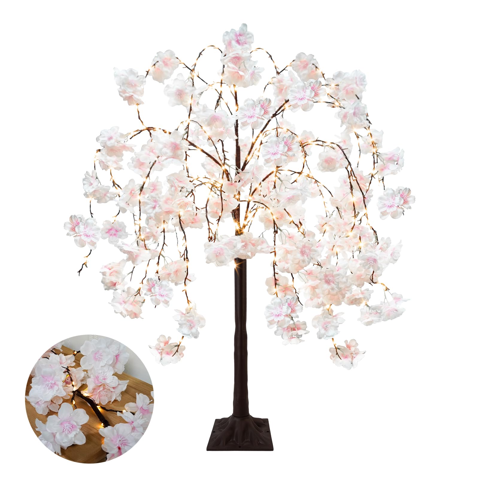4FT Cherry Blossom Tree with 360 LED Fairy Lights Artificial Lighted Tree with 8 Lighting Modes Light Up Pink Tree with Faux Flowers for Spring Wedding Party Indoor Outdoor Decor