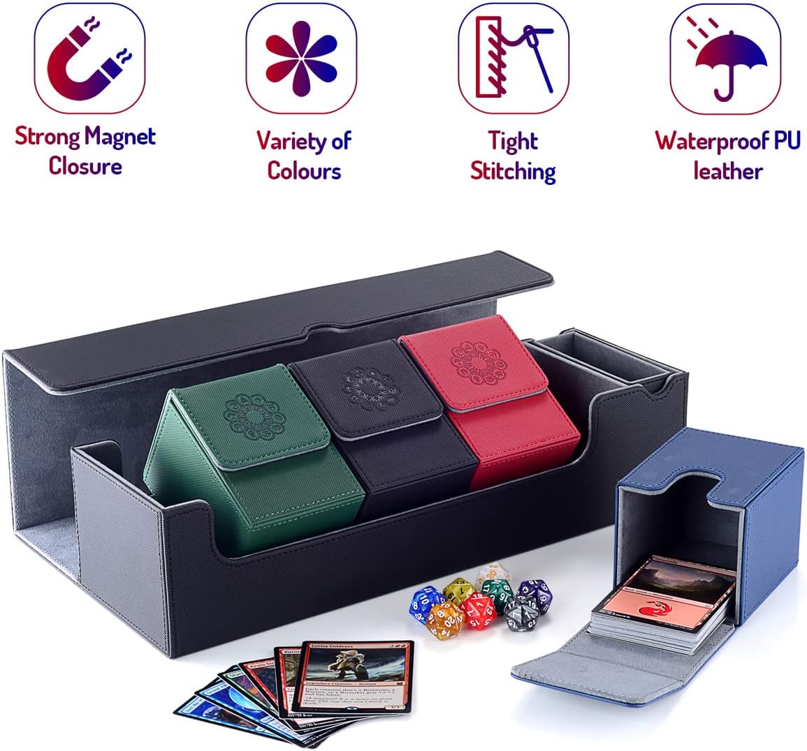 Deck Box compatible with MTG Cards, Trading Card Case with 2 Dividers per Holder, Large Size for 100+ Cards (Elementals-5-IN-1)