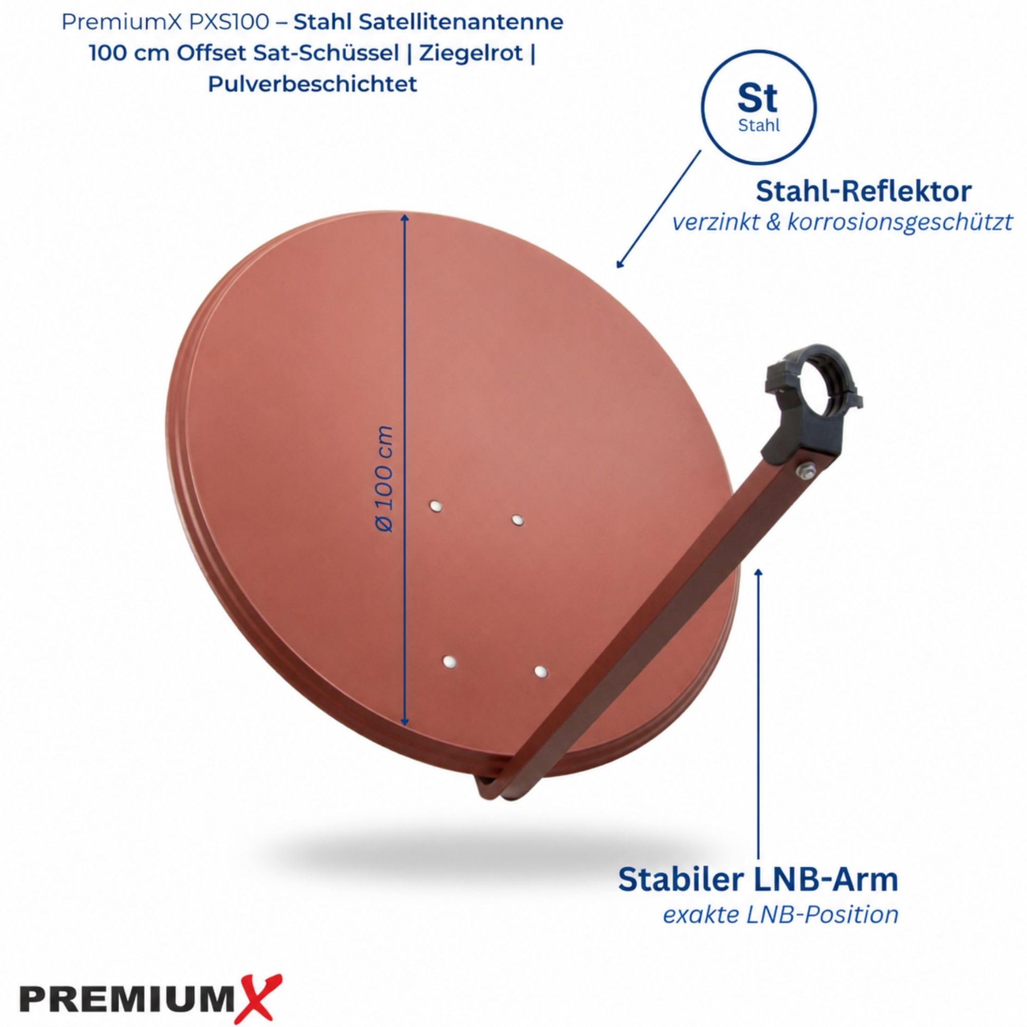Premium X PXS100 Satellitenschüssel 100cm Stahl Ziegelrot Satellitenantenne SAT Spiegel mit LNB-Tragarm und Masthalterung