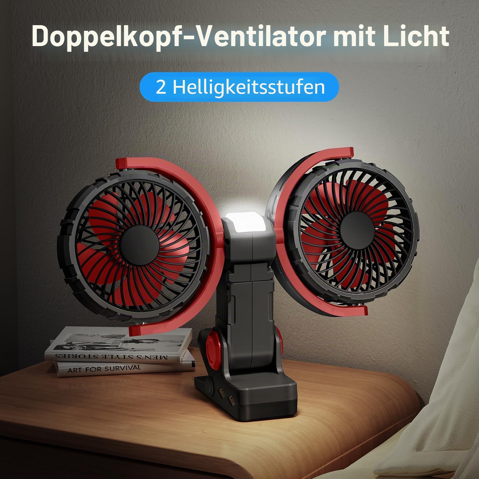Clip Ventilator Akku mit Licht, USB C Aufladbar Leise Fan Doppelkopf Wandventilator,Stark Lufter Klemmbar für Büro, Bett,Schlafzimmer, Auto, Wohnmobil(Tiefschwarz)