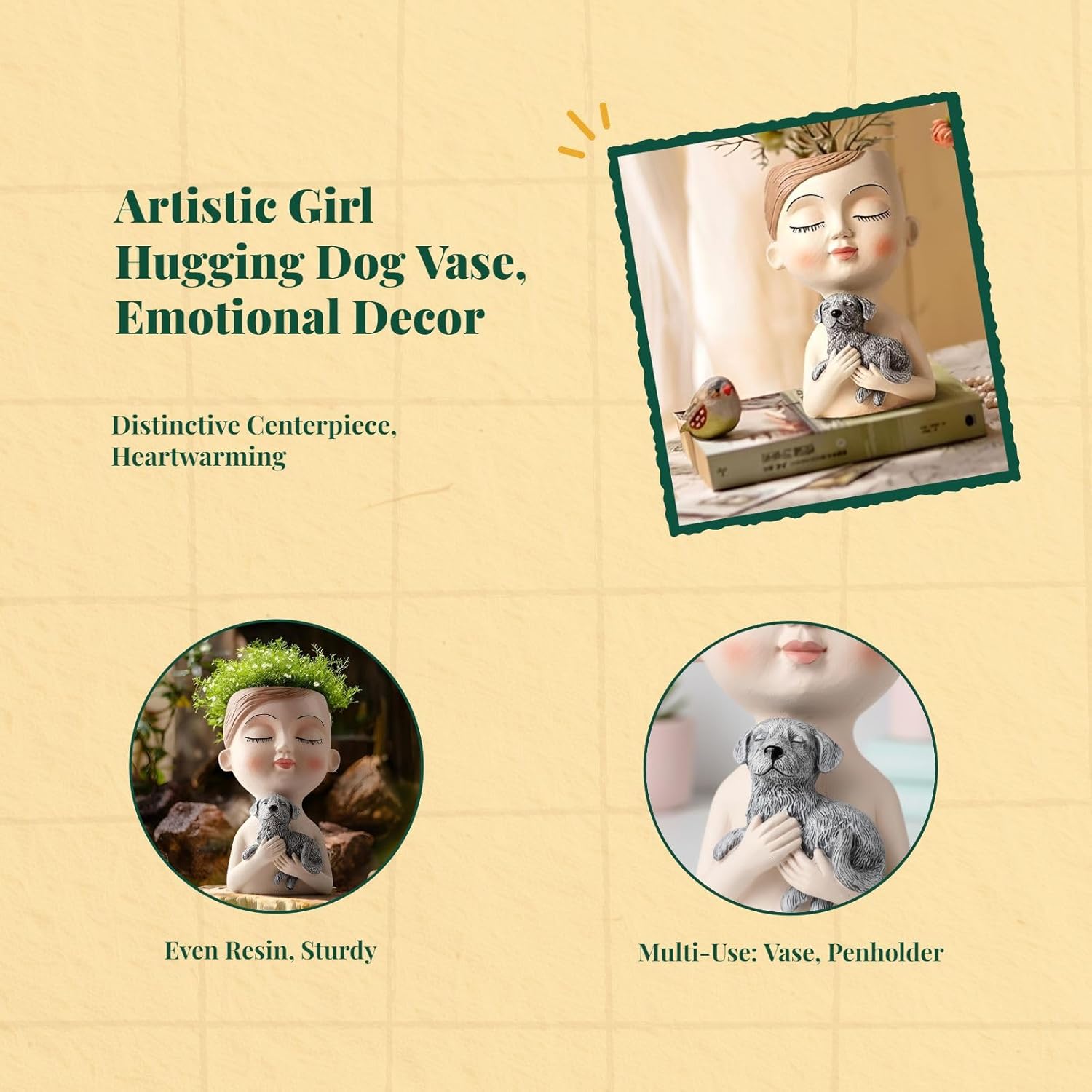 Face Flower Pot, Flower Plant Pot, Creative Decorations Resin Head Planter with Drainage Hole for Indoor Outdoor Plants, Friend Women, Dog White