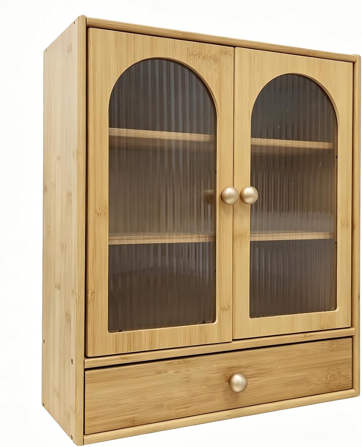 Beige Arched Bamboo Countertop Cabinet Ribbed Doors with Drawer | 15.7"W×18.5"H×5.9"D, 3 adjustable inner shelves, magnetic arched ribbed glass door for kitchen countertop display storage