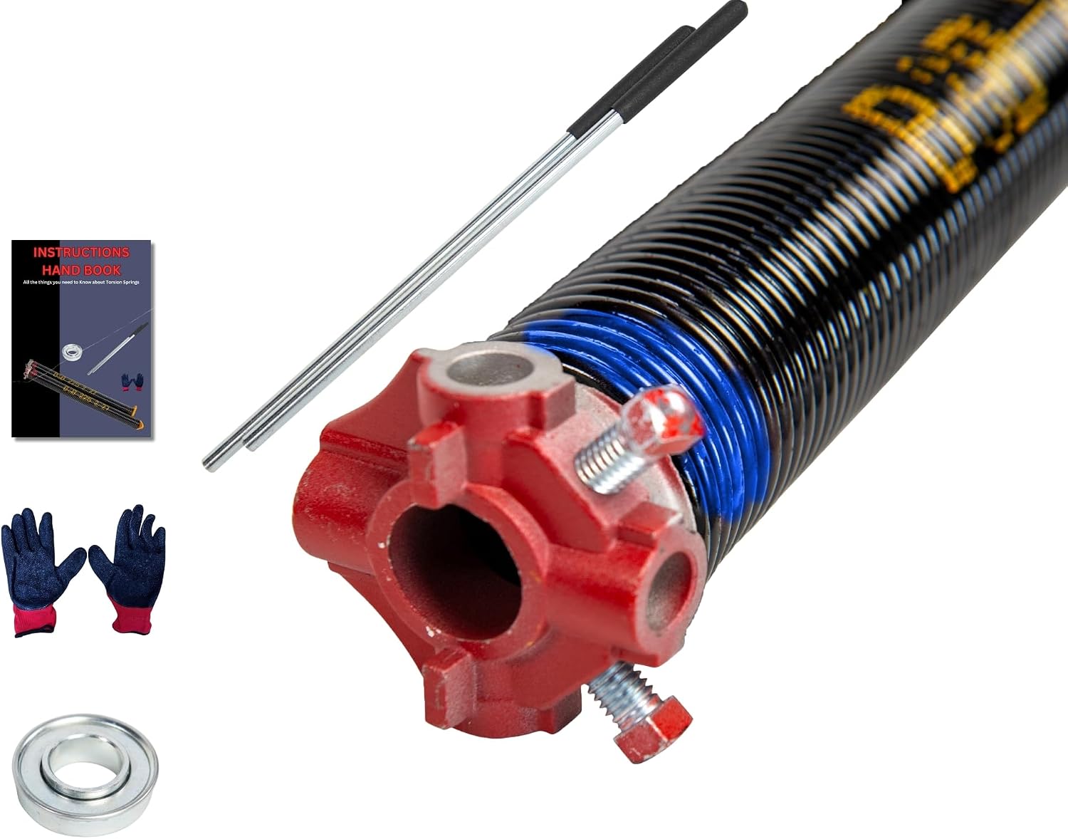 Garage Door Torsion Spring Replacement Kit - 2" ID - Up to 18,000 Cycle - Includes Winding Bars, Steel Bearing and Gloves RED ONLY (262-2-34-R-WB-SB-GL-MN)