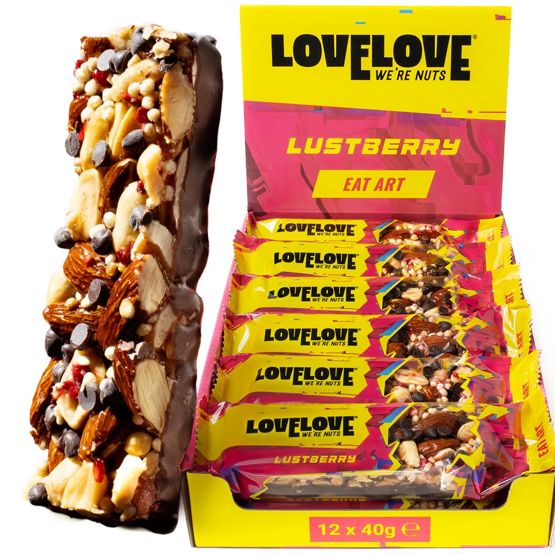 LOVELOVE Lustberry Nussriegel, Mandeln & Zartbitterschokolade, verfeinert mit Himbeeren, Glutenfrei & Ballaststoffreich, 6g pflanzliches Protein, High Magnesium, Ohne Palmöl, Quinoa, 12 x 40 g