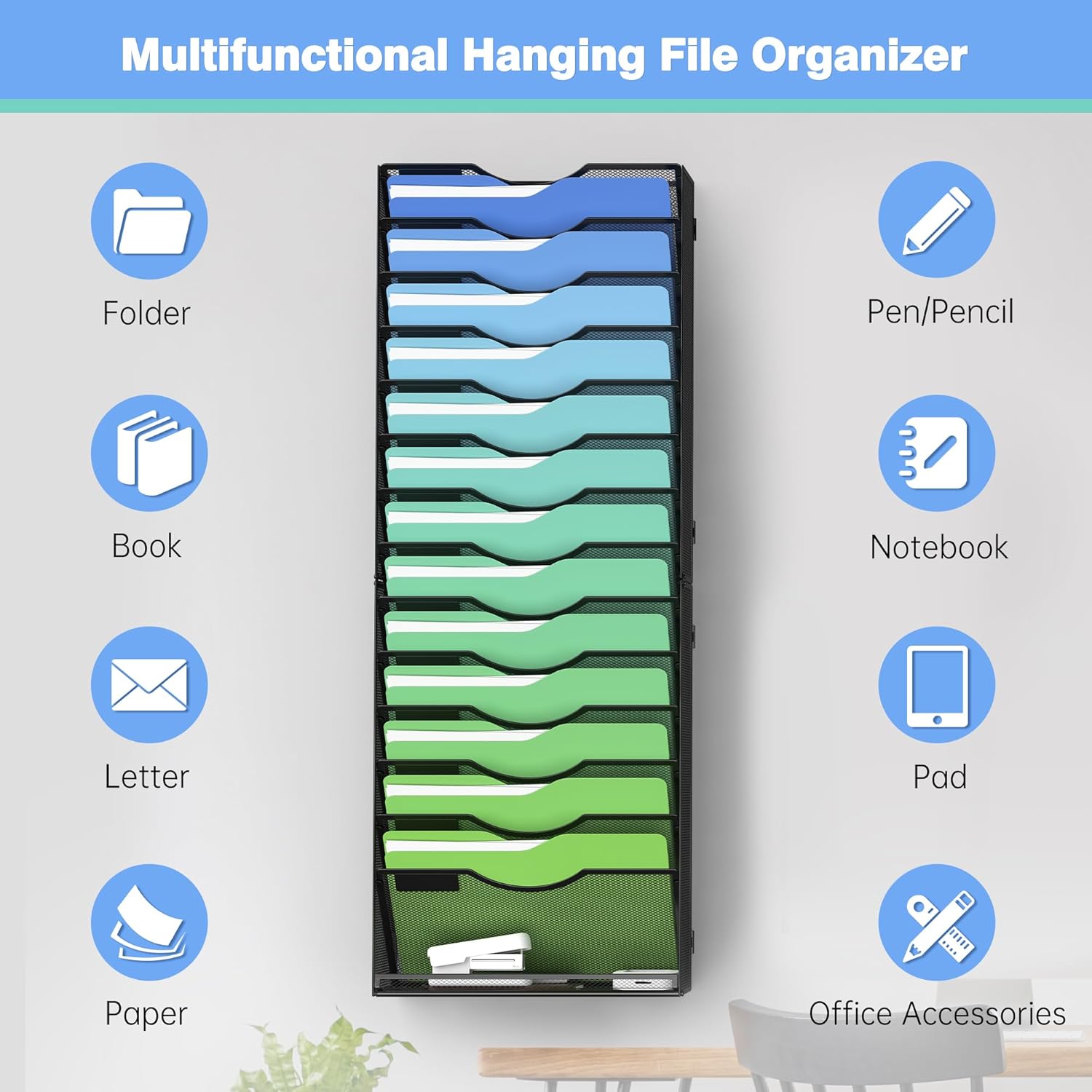 Kuntine.B Wall File Organizer Office Hanging Magazine Holder Wall File Organizer for Office Home (Black, 15 Tier)